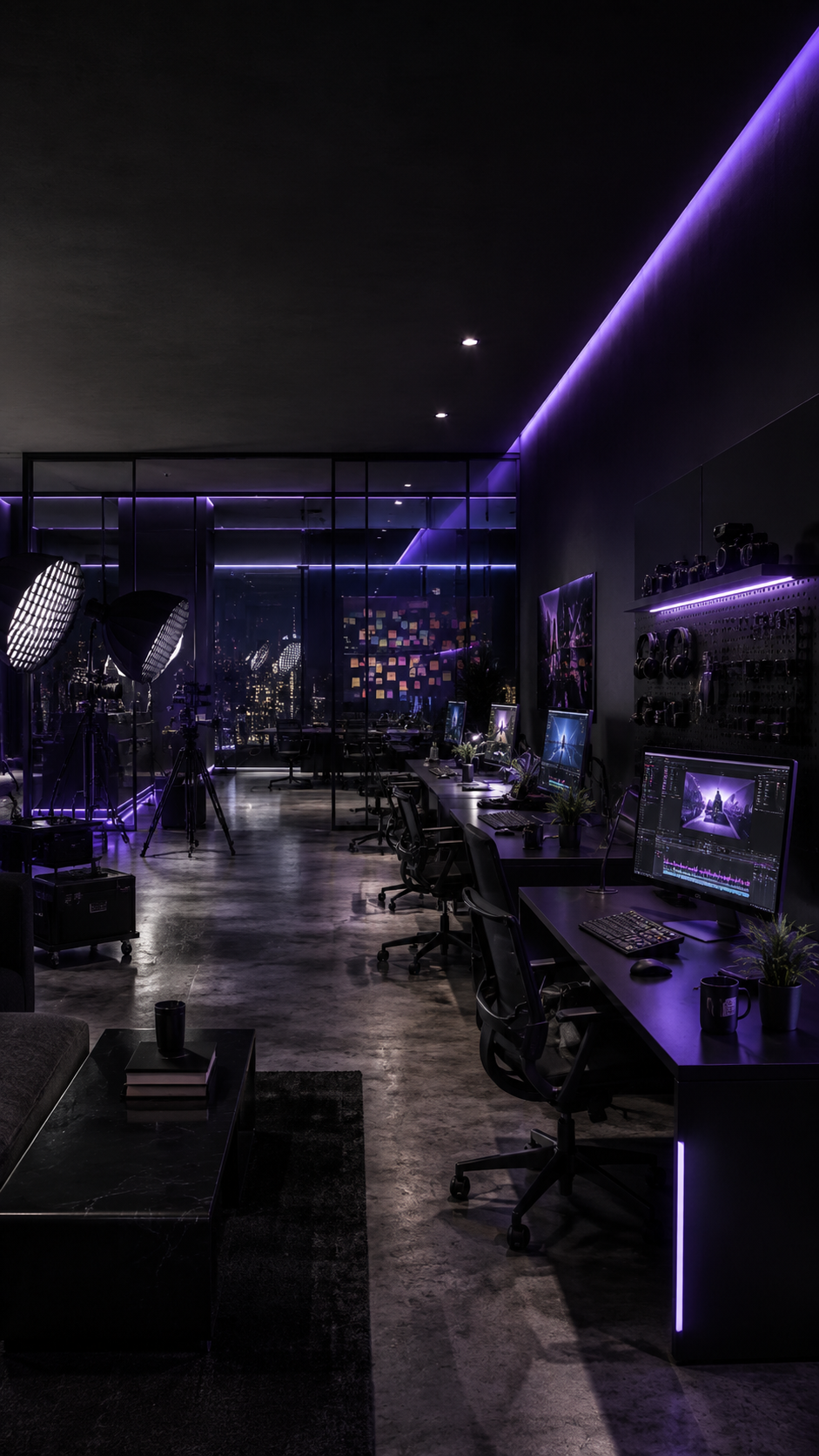 Ufficio Apex Media con postazioni, luci viola e atmosfera analitica