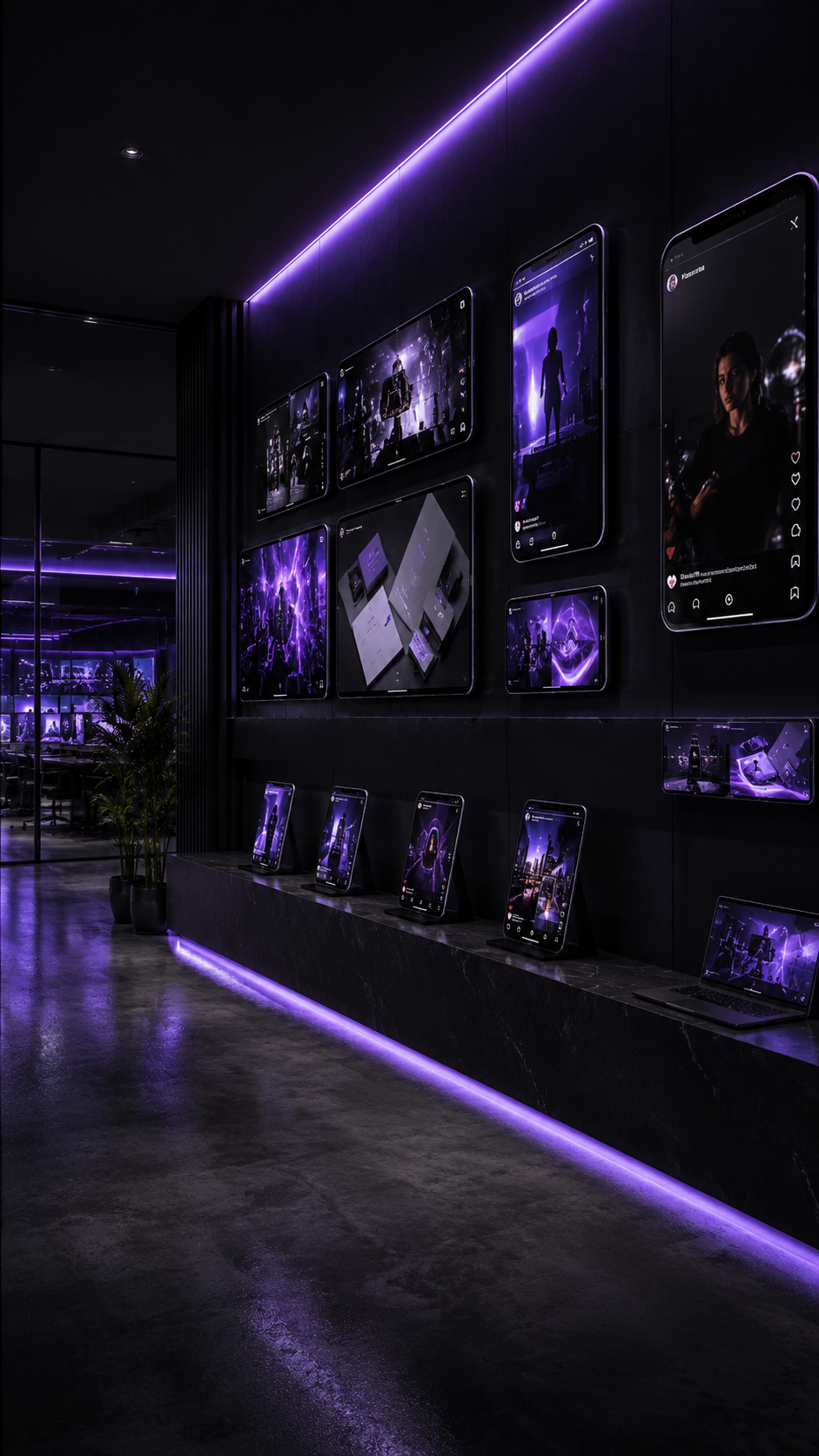 Parete portfolio Apex Media con smartphone, reel e mockup digitali