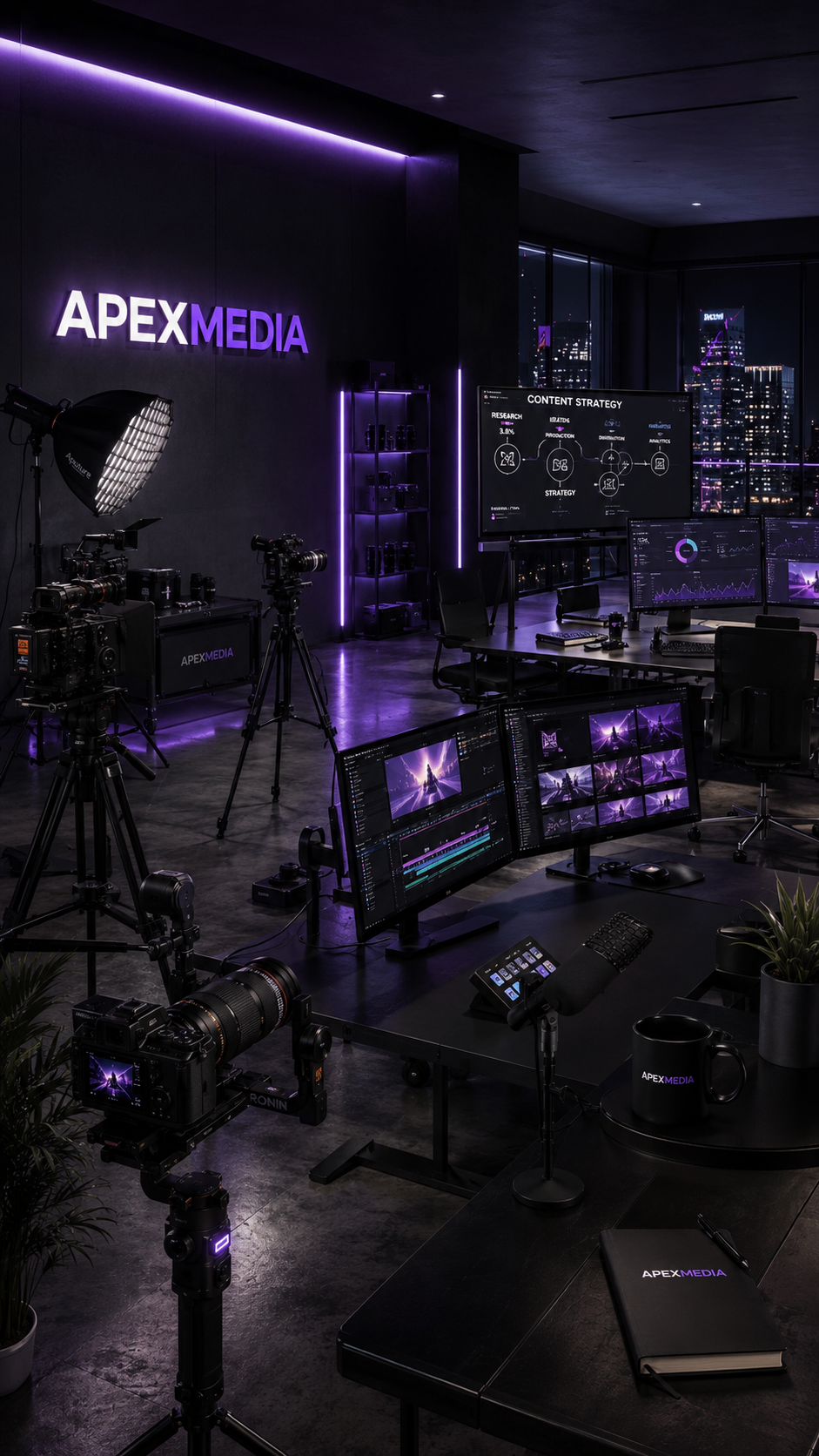 Studio creativo Apex Media con videocamere, luci e workstation di produzione
